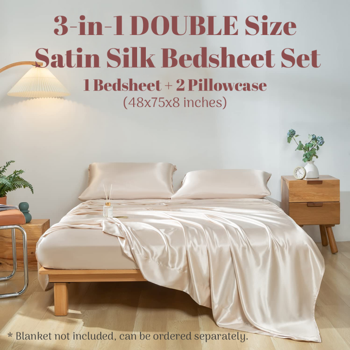 3in1 DOUBLE Size SATIN SILK Bedsheet w/ Pillowcase Set Fully