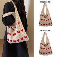 Hand-held cute love knitted bag womens summer 2023 new shoulder large-capacity commuting wool knitting tote bag 【QYUE】