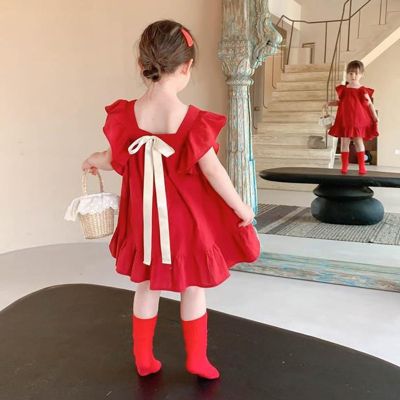 Summer Toddler Girls Petal Sleeve Loose Dress Casual Ruffled Dresses Solid Back Bowknot A Line Dresses Children Outfit 2-7Y