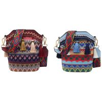 2x Bohemian Ethnic Style Womens Straw Woven Shoulder Messenger Bag Retro Casual Tassel Bucket Bag Red &amp; Light Blue