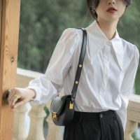 French minority chic pointed collar blouse womens 2023 Spring and Autumn new solid color minimalist design puff sleeve shirt