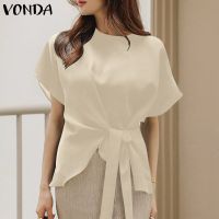 VONDA ผู้หญิงแขนสั้นคอลูกเรือจีบเสื้อท็อปส์ลำลองสีทึบเสื้อเสื้อยืด (เกาหลีสาเหตุ)