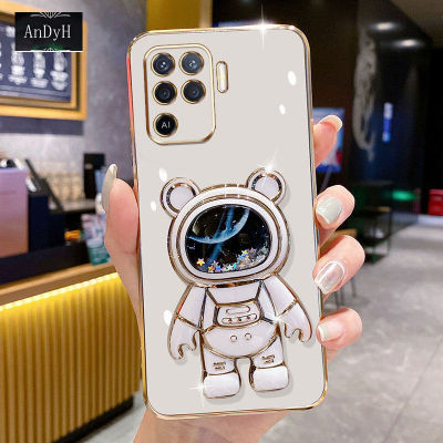 AnDyH Phone Case OPPO A94/Reno 5F/F19 Pro/Reno 5 Lite 6DStraight Edge Plating+Quicksand Astronauts who take you to explore space Bracket Soft Luxury High Quality New Protection Design