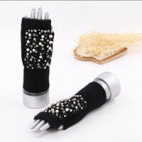 Geebro Women Fingerless Winter Gloves Knit Rabbit Fur Pearl Beaded Glove Female Autumn Mitten Half Finger Warm Rhinestone Gloves