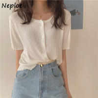 Neploe Ice Silk Knitted Sweater Female Summer 2022 New Korean Temperament O-neck Fus Solid Cardigans Loose Women Tops 82105