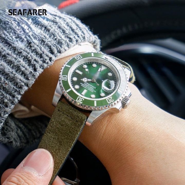 หนังนิ่มสายนาฬิกาหนังแท้สายนาฬิกาผู้ชายเหมาะสำหรับ-rolex-tudor-seiko-สีเขียว-submariner-cowhide-สร้อยข้อมือสายนาฬิกา