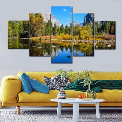 ที่สวยงามทิวทัศน์ธรรมชาติโปสเตอร์ภูมิทัศน์ผนังศิลปะภาพพิมพ์ทะเลสาบป่าภูเขารูปภาพ HD พิมพ์5แผง Modular ผ้าใบภาพวาด