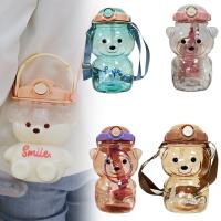 Cute Bear Water Bottle Large-capacity Plastic Cup Outdoor With Water Straw Portable Bottle Strap O9U3