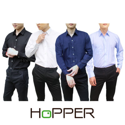 เสื้อเชิ้ต คอปก แขนยาว ผ้า Oxford by Hopper Shop เสื้อเชิ้ตสีขาว กรม ดำ ฟ้า