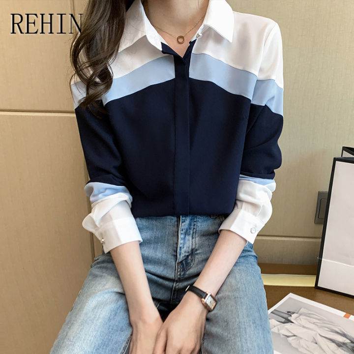 rehin-เสื้อผู้หญิงแขนยาวคอปกสีตัดกัน-เสื้อชีฟองดีไซน์หรูหรา