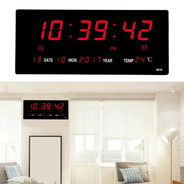 HF LED Digital Wall Clock Calendar Large Display w/ Indoor Temperature