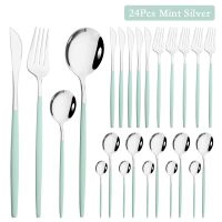24Pcs Mint Silver Dinnerware Set Stainless Steel Tableware Knife Dinner Fork Spoon Party Restaurant Flatware Mirror Cutlery Set