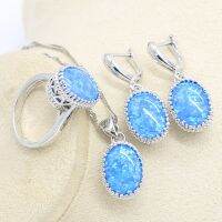 HotOval Blue Opal ต่างหูสร้อยคอจี้แหวนเงิน925ชุดเครื่องประดับผู้หญิงสร้อยข้อมือคริสตัลงานแต่งงานวันเกิด Gift