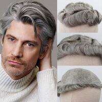 YY Wigs Brown Mixed Grey Human Hair Toupee for Men #5 80% Gray Remy Hair Replacement System Curly Skin PU Mens Toupee ของขวัญ ของขวัญ