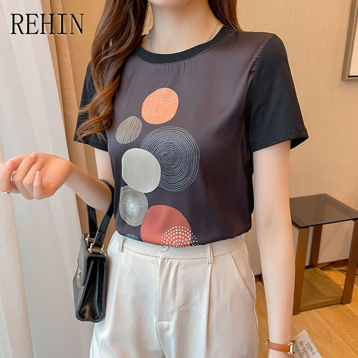 rehin-เสื้อยืดแขนสั้นพิมพ์ลายสีดำสำหรับผู้หญิงคอกลมใหม่แฟชั่นสไตล์เกาหลีฤดูร้อน