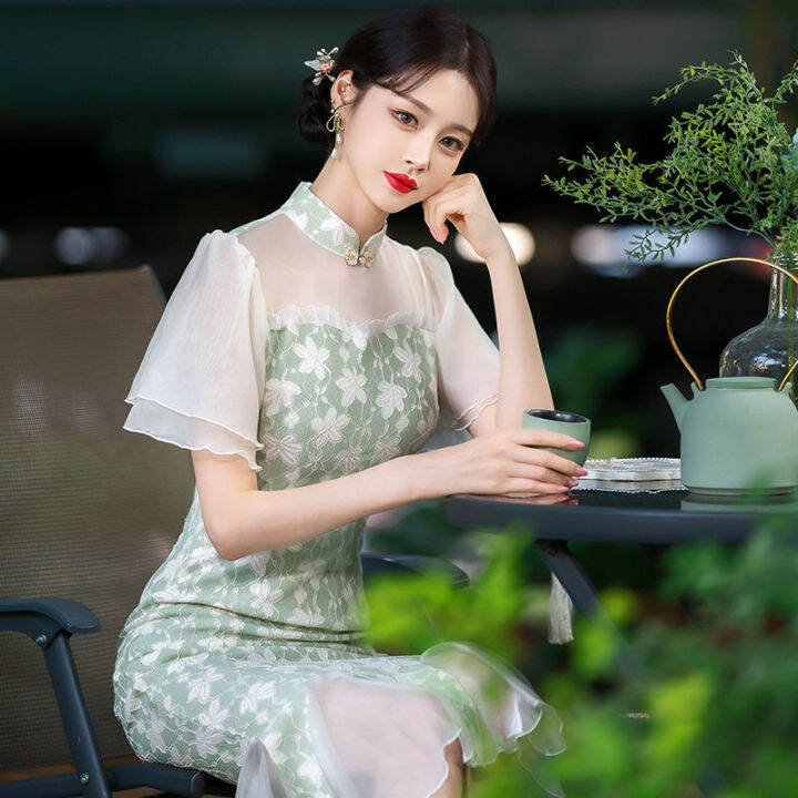 available-green-blue-cheongsam-french-floral-short-sleeve-chiffon-vintage-fishtail-dress-slim-wedding-costumes-elegant-qipao-s-to-xxl