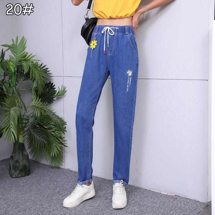 may-shop-พร้อมส่ง-920-20กางเกงยีนส์เอวยางยืดกางเกงผู้หญิงกางเกงฮาเร็มฤดูร้อนรุ่นสไตลเกาหลี-รูหลวมและบางเก้าจุดผ้านิ่มใส่สบาย
