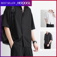 MOQOOL เสื้อเชิ้ตสีขาวฤดูร้อนแขนสั้นของผู้ชายเสื้อเชิ้ตผ้าไหมน้ำแข็ง,เกรดดีเยี่ยมใหม่เสื้อทรงหลวมเสื้อกันหนาวแบบสวมหัวหล่อแบบลำลอง