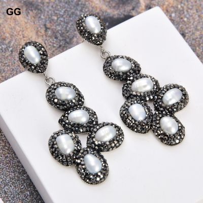 GuaiGuai Jewelry White Coin Keshi Pearl Black Crystal CZ Pave Stud Earrings For Women