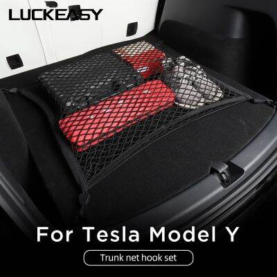 LUCKEASY การตกแต่งภายใน Ftely อุปกรณ์เสริมสำหรับ Tesla Modely 2020-2023ถังน้ำพับได้พกพาได้รถยนต์ตาข่ายเก็บของเบ็ด4ชิ้น/เซ็ต