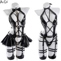 Anilv 2022 Anime Girl Group Leather Bodysuit Dress Unifrom Women Cross Strap Bandage Maid Outfits Costumes Cosplay