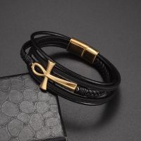 Ancient Egyptian Ankh Symbol of Life Cross Leather Bracelet Braided Leather Bangles Magnetic Buckle Amulet Jewelry for Men Charms and Charm Bracelet