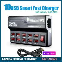 12A 10 Port Desktop USB Rapid Charger Station Wall HUB Charging Power Cable with Plug