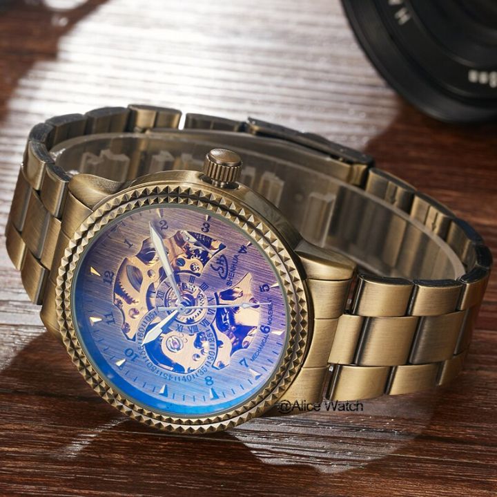 นาฬิกาข้อมือสำหรับผู้ชาย-สแตนเลสนาฬิกาผู้ชายแบบกลไกอัตโนมัติย้อนยุคสีบรอนซ์