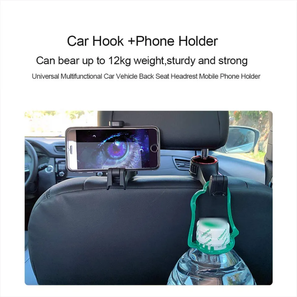 2 in 1 car headrest hidden hook with Cell Phone Holder, Car Back Seat Hook  Universal for Purses and Bags 360° Rotation Adjustable Hanger Rear Hook for
