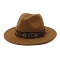 New Classic Solid Color Felt Fedoras Hat For Men Women Handmade Embroidery Flower Pattern Panama Gamble Jazz Cap 58Cm