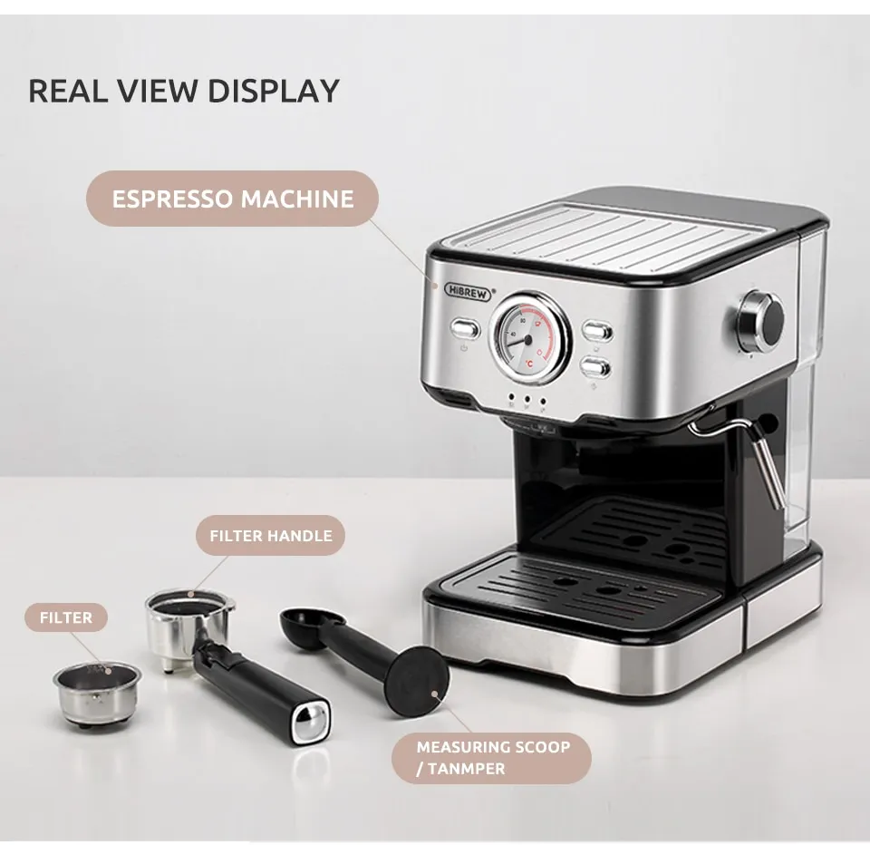 1PC HiBREW Coffee Machine Cafetera 20 Bar Espresso inox Semi Automatic  Expresso Cappuccino Hot Water Steam Temperature Display H5