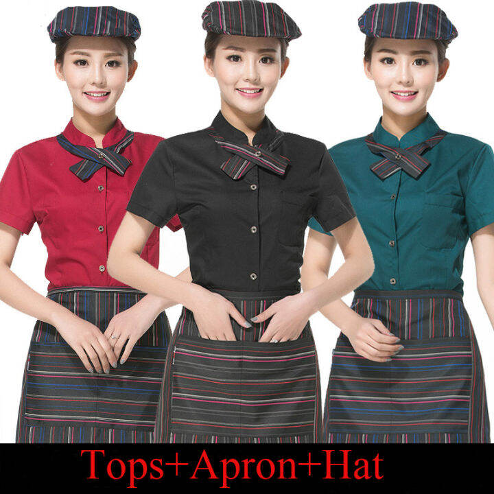 Full Sets Restaurant Waiter Uniform Hat+Shirt+Apron Coffee Shop