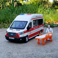 1:34 FORD Transit Alloy Ambulance Vehicles Car Model Diecast Metal Toy Broadcast Car Model Simulation Sound and Light Kids Gifts Die-Cast Vehicles