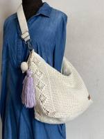 กระเป๋าถักโครเชต์ ใบใหญ่ จุของเยอะ งานฝีมือ สีขาวครีม กระเป๋า สะพาย shoulder bag cross body Crochet Bag