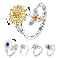 Women Rotatable Ring Relieve Anxiety Crystal Rings Spinner Girls Daisy Flower Butterfly Jewelry Ring for Wedding Party Anti Stress