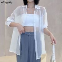 ✾№◐  Sheer Shirts Women S-5XL Summer Sun-proof Korean Style Solid All-match 5-colors Thin Ladies Temperament Casual Vintage Fashion