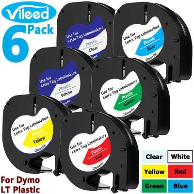 6 Pack Multicolor LT Plastic Label Tape for DYMO LetraTag Labeler 12mm Clear White Yellow Red Green Blue Multi Mixed Color Refill Thermal Print Cassette Cartridge Compatible for Letra Tag LT-100H LT-100T QX50 2000 XM XR Label Maker Printer
