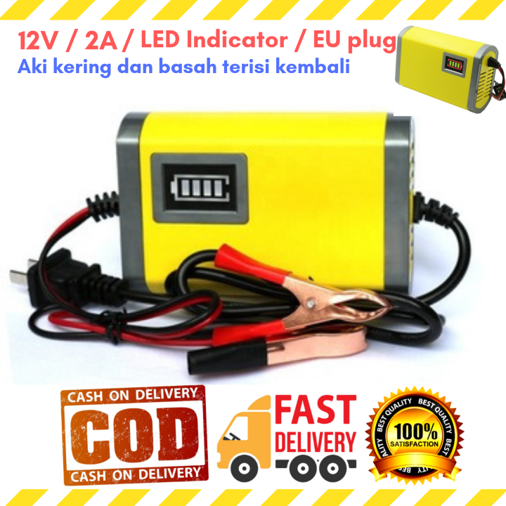 Charger Aki Motor Kering Dan Basah 12V / 2A with LED Indicator EU Plug