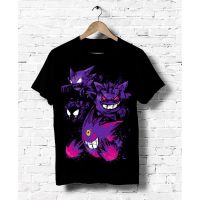 HM เสื้อยืดแฟชั่นผู้ชายคอกลมผ้าฝ้ายสีดําพิมพ์ลาย Pokemon Go Gengar ผ้าฝ้ายแท้ คอกลม