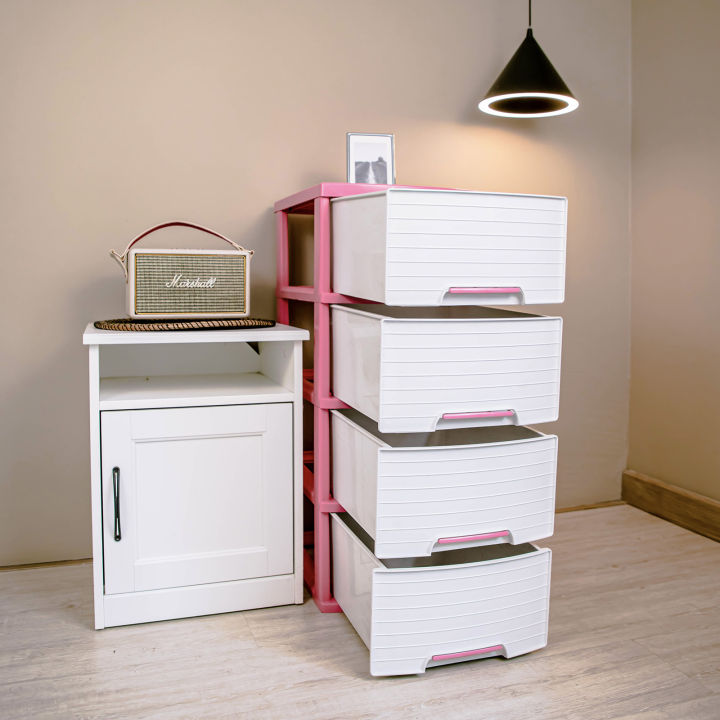 ลิ้นชักเก็บของ-4-ชั้น-สีขาว-โครงสีชมพู-ที่จับสีชมพู-ลายหน้าเรียบ-ตู้เก็บของ-ตู้เก็บเสื้อผ้า-รุ่น-a-002-8-white-pink-drawers-4-tiers