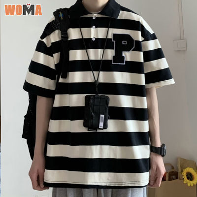 WOMA เสื้อยืดลายทางแขนสั้น WOMA ผู้ชายเสื้อโปโลคู่เสื้อแบบหลวม