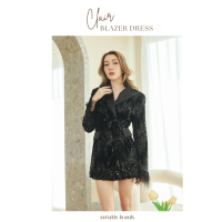 Clair Blazer - เดรสทรงสูทกลิตเตอร์ แขนแต่งขนนก (ดำ)