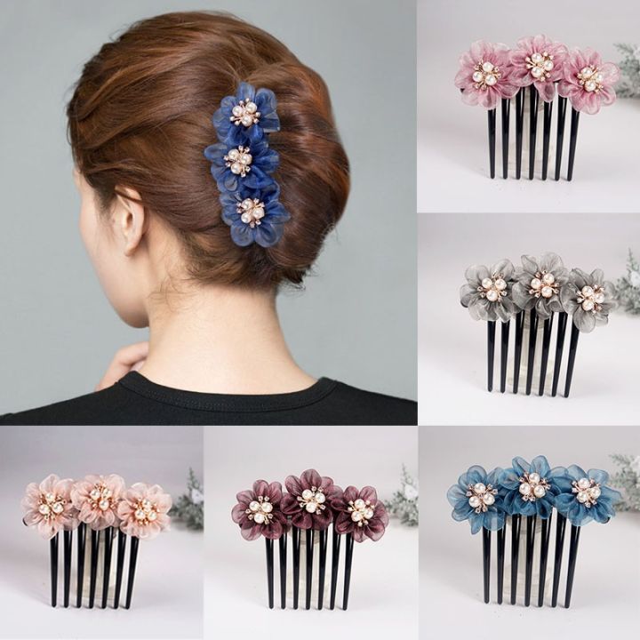 Flower coil hair silk yarn insert comb headdress adult lady pearl hair  accessories hairpin seven-tooth hair comb 