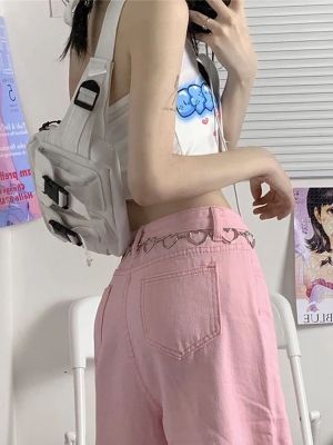 Y2K กางเกงยีนส์สีชมพูขาบานสำหรับผู้หญิง,กางเกงยีนส์ขาบานเอวต่ำ MODE Korea น่ารักกางเกงขายาวทรงหลวมกางเกงยีนส์