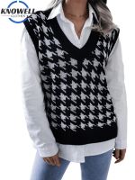 [Qinqin clothing]Knowell Houndstooth ถักเสื้อกั๊กผู้หญิง39;S เสื้อกันหนาวขนาดใหญ่แขนกุดเสื้อกันหนาวเสื้อ Pullovers ลายสก๊อตพิมพ์ Y2K ฤดูใบไม้ร่วงฤดูหนาว