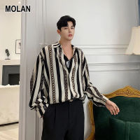 MOLAN เสื้อแขนยาวชายเสื้อแขนยาวชายหล่อเสื้อเชิ้ตมีลายวินเทจเทรนด์หลวมไฮเอนด์