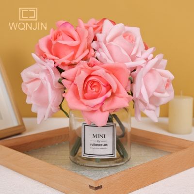 [AYIQ Flower Shop] WQNJIN มอยส์เจอไรเซอร์มือจำลองดอกกุหลาบม้วนสำหรับงานแต่งงานมือถือดอกไม้ปลอมในบ้านดอกไม้ตกแต่ง
