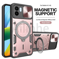 สำหรับ Xiaomi Redmi A1 2022เคสเลนส์สไลด์เกราะกันกระแทกปกป้องโทรศัพท์วงแหวนแม่เหล็กยึดโทรศัพท์เกราะรถยนต์