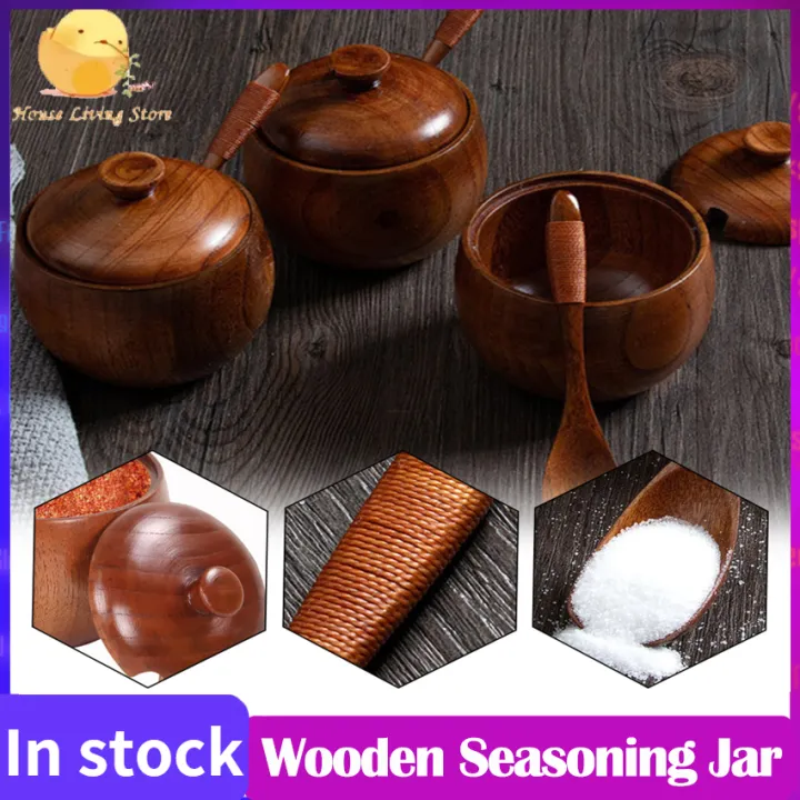 Wood Salt Box Spice Jar, Natural Wooden Salt Cellar With Lid And