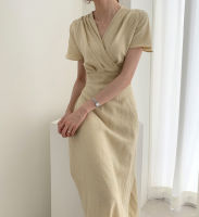 พร้อมส่ง ? pancake beige dress C1776 เดรสยาวมินิมอล เดรสยาวคอวี